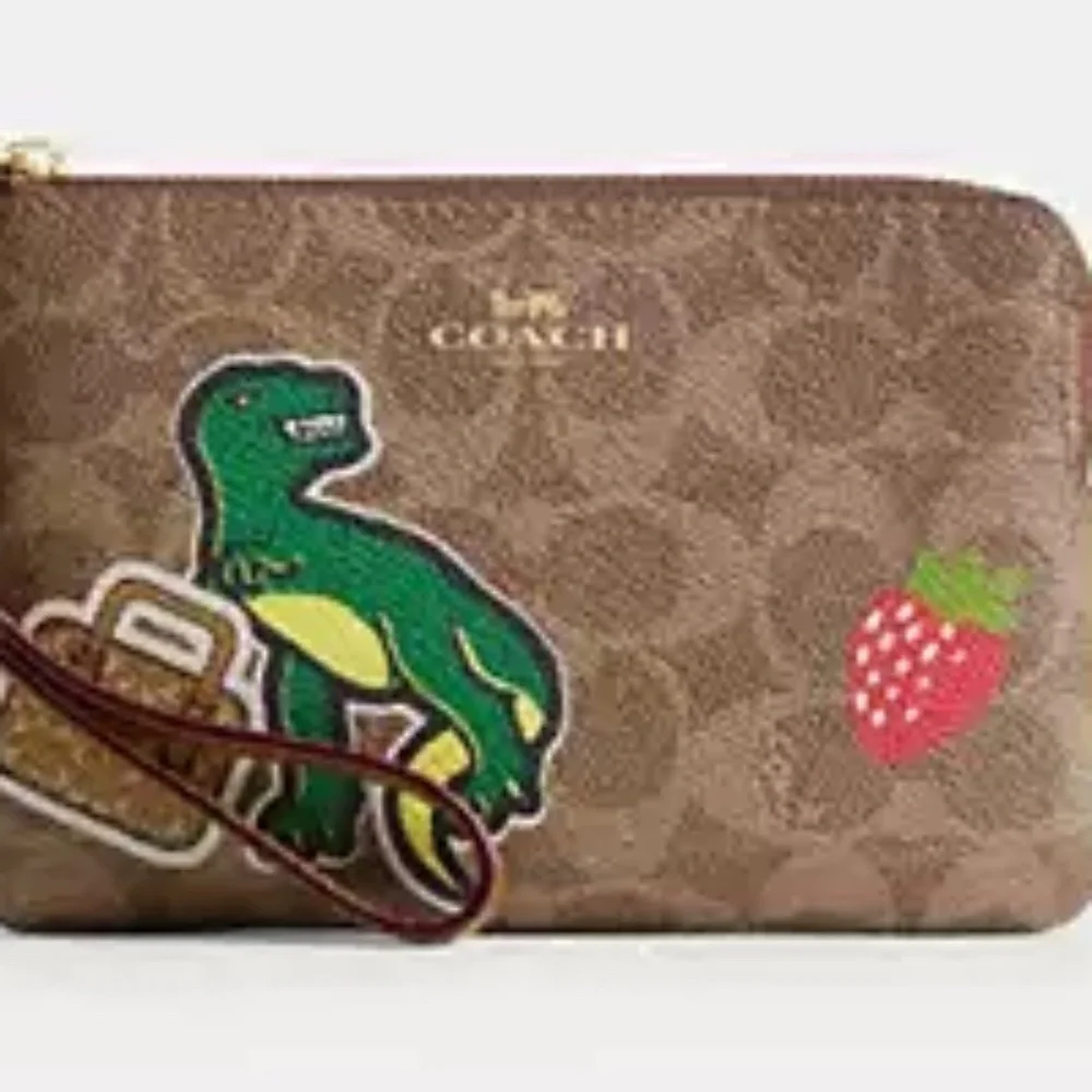 Corner Zip Wristlet In Signature Canvas With Rexy Sticker Print NWT